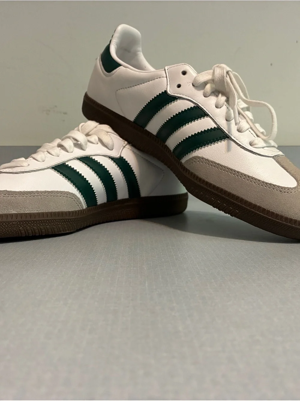 adidas White Sneakers with Dark Green Stripes and Brown Outsole